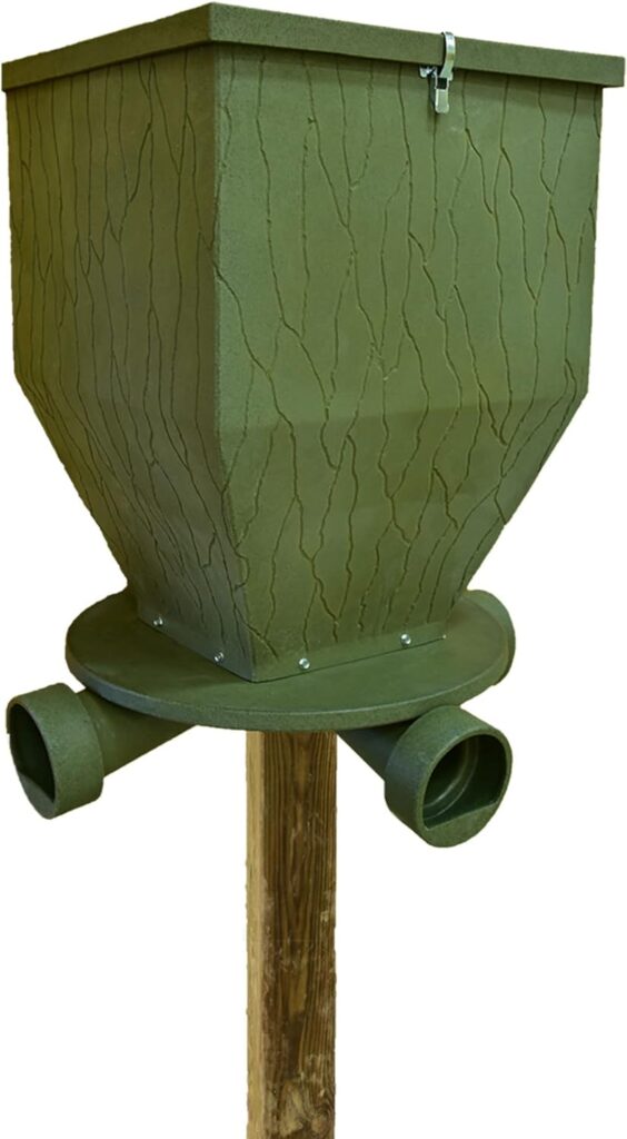 Gravity Fed Post Mounted Weatherproof Feed Bank Deer and Game Hunting Feeder with 300 Pound Capacity, Green