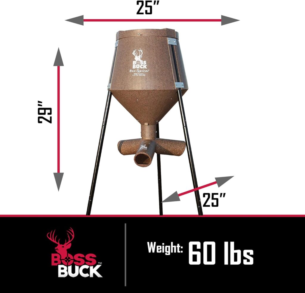 Boss Buck 200 Pound Capacity Gravity Fed Tripod, Corn and Protein Pellet Feeder with 3 Way Adjustable Flow Control for Wildlife, Game,  Deer (2 Pack)