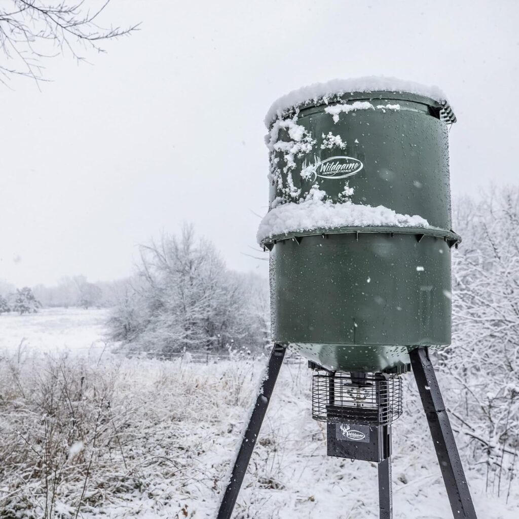 WILDGAME INNOVATIONS Quick-Set Pro 270lb Game Feeder with Digital Timer Durable Varmint-Proof Tripod Corn/Pellet Deer Hunting Feeder with 1-6 Available Feed Times  50-feet Radius