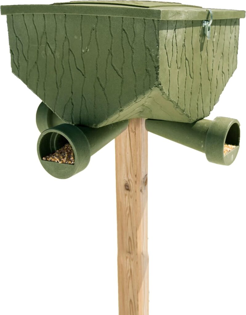 Gravity Fed Post Mounted Weatherproof Feed Bank Deer and Game Hunting Feeder with 150 Pound Capacity, Green