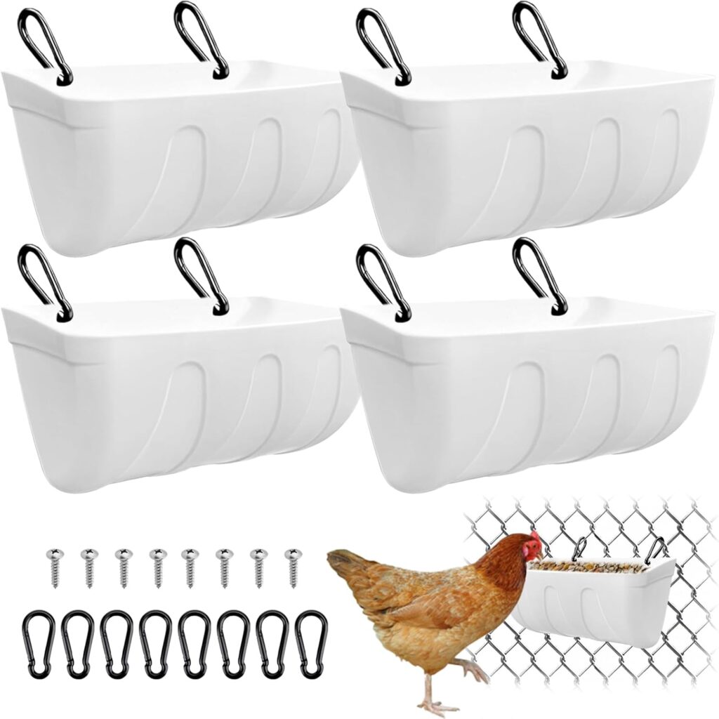 Hanging Chicken Feeder, Fence Feeder Trough with Clips for Sheep Deer Poultry Duck Livestock Feeding Container Goats Supplies Feeders Waterer Bucket 4 Pack