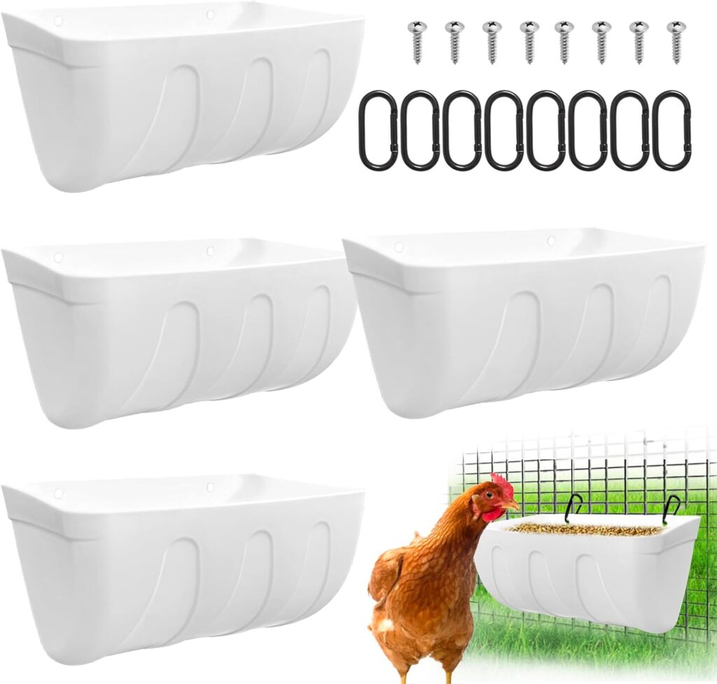 Hanging Chicken Feeder Trough, 4 Pack Fence Feed Feeder for Goat Sheep Deer Poultry Duck Livestock Feeding Container Goats Supplies Feeders Waterer Bucket