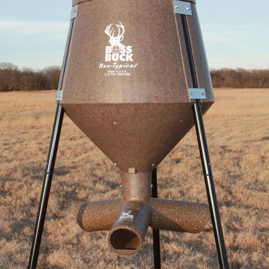 BOSS BUCK 200 LB Deer Feeder/Hunting Durable Lightweight Plastic UV Protected Windproof Waterproof Gravity Feed System with Protein 3 Feed Tubes Head