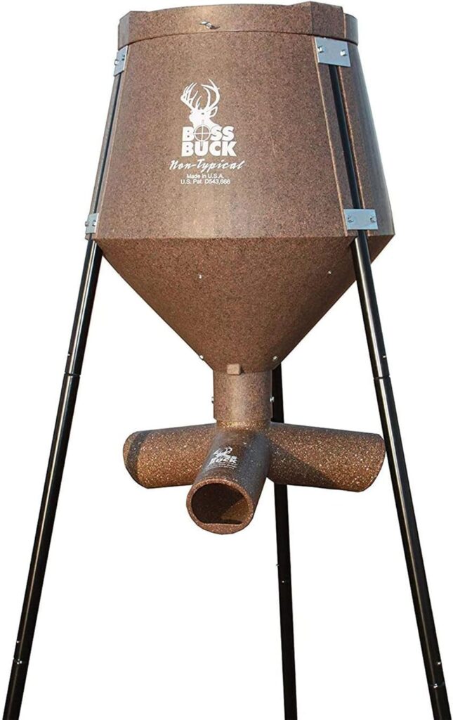 BOSS BUCK 200 LB Deer Feeder/Hunting Durable Lightweight Plastic UV Protected Windproof Waterproof Gravity Feed System with Protein 3 Feed Tubes Head