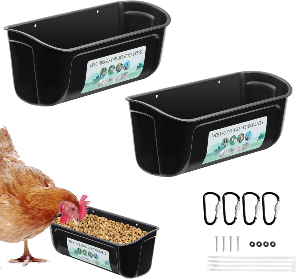 2 Pack Hanging Fence Feed Trough with Clips, Versatile Feeding Container for Chicken, Goat, Duck, Sheep, Piglets, Horse, Deer, Goose 4.5 Quart Poultry and Livestock Feeder (Black)