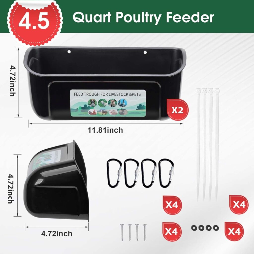 2 Pack Hanging Fence Feed Trough with Clips, Versatile Feeding Container for Chicken, Goat, Duck, Sheep, Piglets, Horse, Deer, Goose 4.5 Quart Poultry and Livestock Feeder (Black)