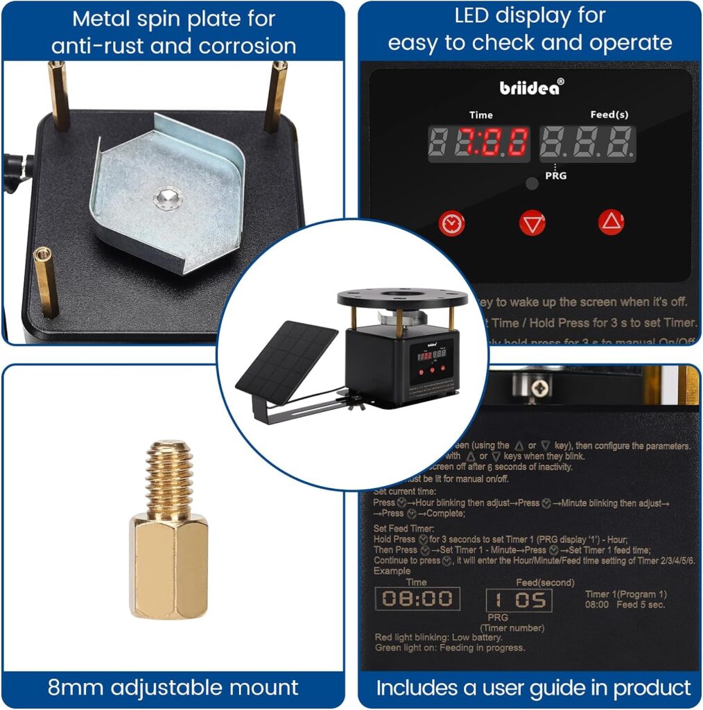 briidea Deer Feeder Timer with Integrated Solar Panel, Digital Automatic Deer Feeder Motor and Timer Kit with 2-10in Solar Panel Telescopic Bracket, Metal Spin Plate