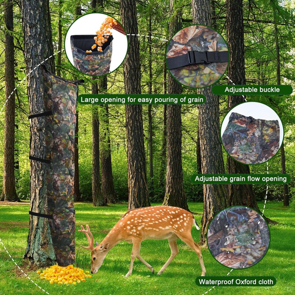 Deer Bag Feeder, Deer Corn Feeder Bag Camo Gravity Bag Feeder Waterproof Tree Hugger Deer Feeder Adjustable Wild Game Deer Feeder 100lb for Hunting