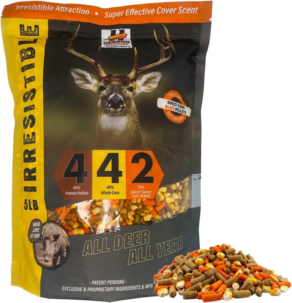 Herron Outdoors 4-4-2 Protein Pellets, Whole Corn  Blaze Orange- Deer Attractants for Whitetail Deer, and Feed Bait for All Hunters All Seasons- 5Ibs