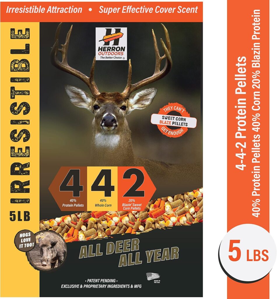 Herron Outdoors 4-4-2 Protein Pellets, Whole Corn  Blaze Orange- Deer Attractants for Whitetail Deer, and Feed Bait for All Hunters All Seasons- 5Ibs