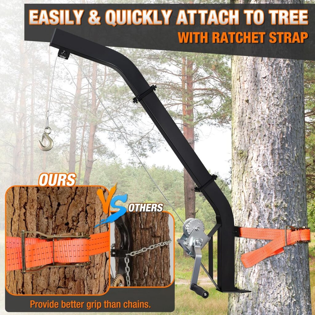 Tree Mounted Deer Hoist for Hunting, 500LBS Hunting Game Hoist Winch Lift, 23FT Steel Cable Heavy Duty Deer Hanger for Skinning, Field Dressing, Included Ratchet Strap Hanging Deer Feeder Hanger