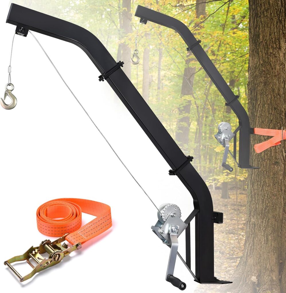 Tree Mounted Deer Hoist for Hunting, 500LBS Hunting Game Hoist Winch Lift, 23FT Steel Cable Heavy Duty Deer Hanger for Skinning, Field Dressing, Included Ratchet Strap Hanging Deer Feeder Hanger